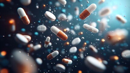 A  close-up of various pills and capsules falling against a dark background.