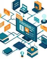 Poster - Isometric Network Connection Concept, intricate lines and nodes forming a digital web