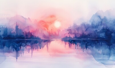 Wall Mural - Watercolor abstract twilight reflections on white.