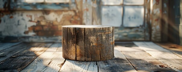 Wall Mural - Rustic wooden pedestal with rough textures, highlighted by natural light.