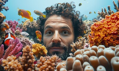 A man with an astonished expression, exploring a vibrant coral reef with diverse marine life such as tropical fish and colorful corals under crystal-clear waters against a plain white background.