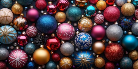 Festive assortment of colorful Christmas ornaments and baubles in various designs and textures.