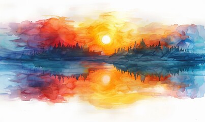 Wall Mural - Watercolor abstract twilight reflections on white.