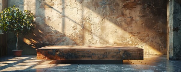 Wall Mural - Rustic wooden podium with a natural finish, highlighted by warm, natural light.