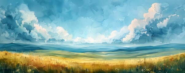 Wall Mural - Watercolor abstract stormy clouds over a rolling landscape.