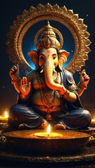 Lord Ganesha meditating with a glowing halo, symbolizing wisdom and tranquility.