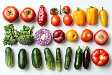 Fresh produce: A collection of vegetables set against a white backdrop, showcasing a diverse range of vegetables in various forms and colors, emphasizing their freshness and natural appeal.