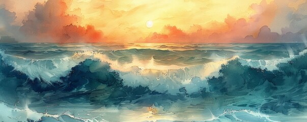 Wall Mural - Abstract ocean waves with sunlight reflections in watercolor.