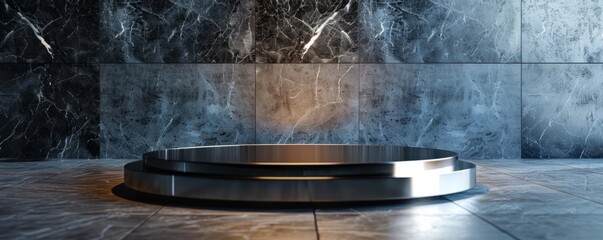 Poster - create a podium mockup with a polished chrome frame.