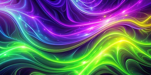 Wall Mural - Vibrant neon purple and lime wallpaper with fluid patterns and light streaks for a lively and dynamic aesthetic