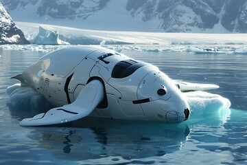 A futuristic white robotic seal lounging lazily on an iceberg in the frigid waters of the Arctic