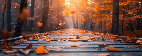 Wall Mural - Leaves falling onto an autumn wooden path