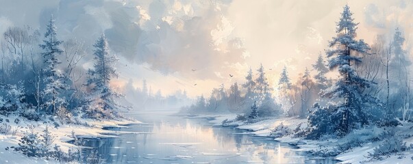 Wall Mural - Watercolor abstract winter landscape with ice.