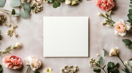 Elegant wedding invitation mockup with blank card on white floral background, greeting card mockup for Valentine's day or birthday, mother's day