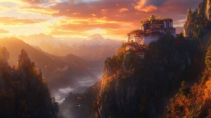 Wall Mural - A panoramic view of Tiger's Nest Monastery at sunset, with the sky ablaze with colors and the monastery glowing in the evening light.