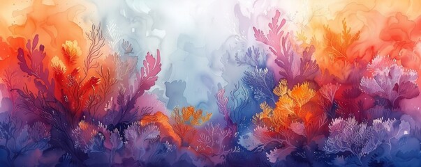 Sticker - Watercolor abstract underwater world with coral.