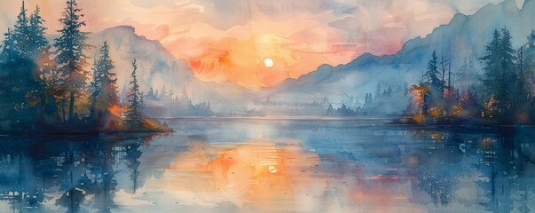 Wall Mural - Watercolor abstract twilight over a serene lake.