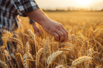 Holding a close-up of the ripe wheat in his hands