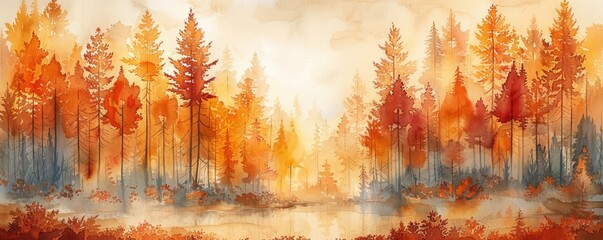 Wall Mural - Watercolor abstract autumn forest with golden hues.