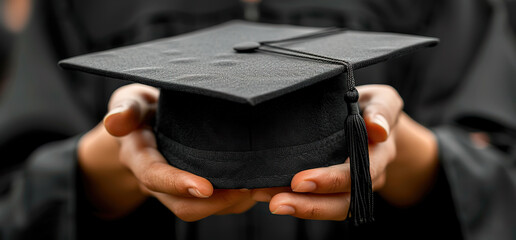 Close up of a graduate's hands holding a black graduation cap. The cap is a symbol of achievement and success.