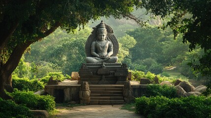 A quiet moment at the monolithic statue of Lakshmi Narasimha in Hampi, surrounded by greenery.