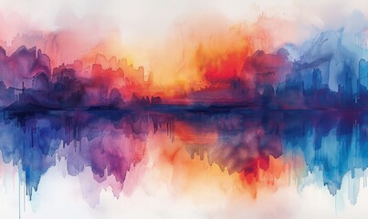 Wall Mural - A painting of a sunset with a blue and orange sky. The sky is filled with brush strokes and the water is reflected in the sky. The painting conveys a sense of tranquility and peacefulness