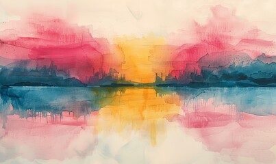 Wall Mural - A painting of a sunset with a blue sky and pink and yellow colors. The painting is of a lake with trees in the background. The mood of the painting is peaceful and serene