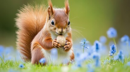 Wall Mural - A squirrel eating a nut in the middle of flowers, AI