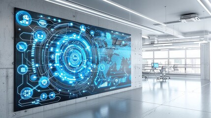 Fototapete - High-tech office interior with futuristic large digital display, showcasing holographic graphics in vibrant blue. Spacious workspace with modern desks and large windows overlooking cityscape