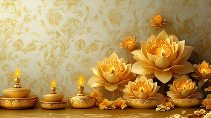 A serene display of golden lotus flowers and decorative lamps, symbolizing peace and spirituality.