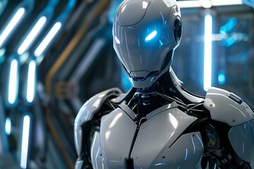 A sleek silver humanoid robot with glowing blue eyes standing against a futuristic backdrop