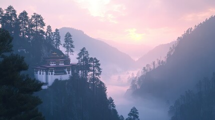 Wall Mural - A serene shot of Tiger's Nest Monastery in the early morning light, with the valley shrouded in mist.