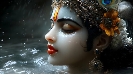 Wall Mural - A serene figure adorned with jewelry, immersed in water, exuding tranquility and beauty.