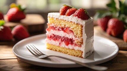 Strawberry Cake with Cream and a Fork on a Plate