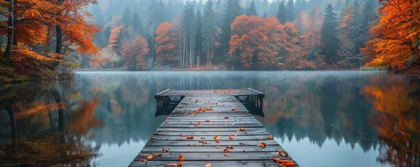 Wall Mural - Wooden dock on an autumn lake