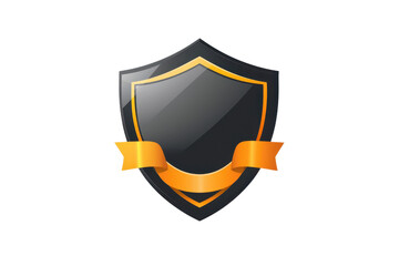 Elegant black and gold shield emblem with orange ribbon, perfect for security, protection, and award designs. Vector illustration.