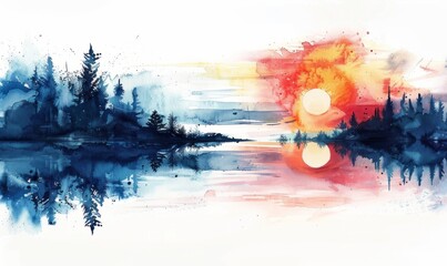 Wall Mural - A painting of a forest with a lake and a sun in the sky. The sun is setting and the sky is a mix of blue and red. The painting evokes a sense of calm and serenity