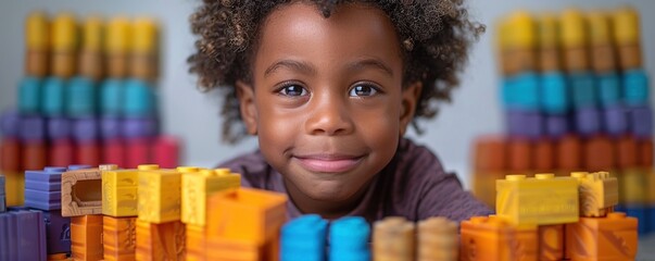 A child with a determined expression, building a tall tower with colorful blocks and focused on balancing each piece against a plain white background.