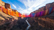 © Komkrit - A bridge made of colorful ribbons stretching across a vast canyon, with the wind blowing them softly as they sway above the river below