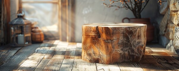 Wall Mural - Rustic wooden pedestal with rough textures, highlighted by natural light.