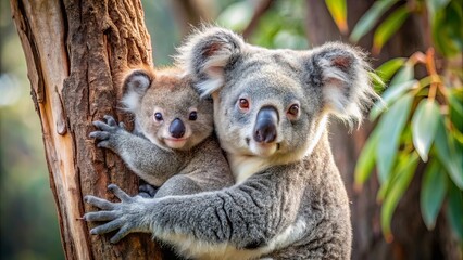 A baby koala clinging to its mother's back as they climb a tree