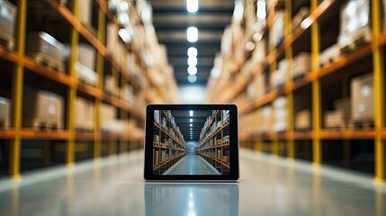 Poster - Digital inventory management system displayed on a tablet in a warehouse, with copy space, no people.