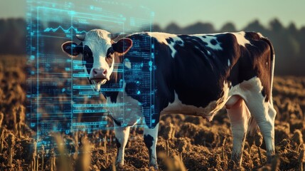 Wall Mural - Cow in a digital interface environment, showcasing advanced biometric tracking technology in modern farming.