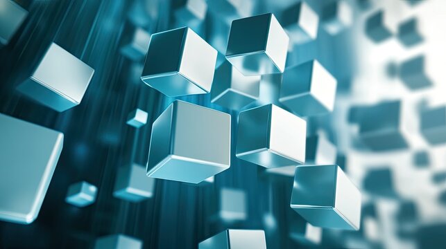 Dynamic abstract 3D cubes in motion on a sleek digital background, with clear copy space for text.