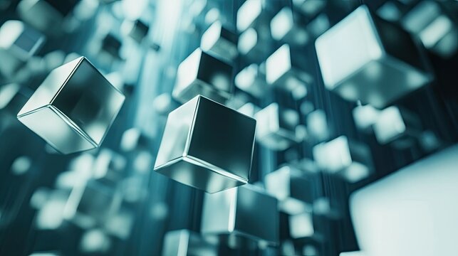 Dynamic abstract 3D cubes in motion on a sleek digital background, with clear copy space for text.