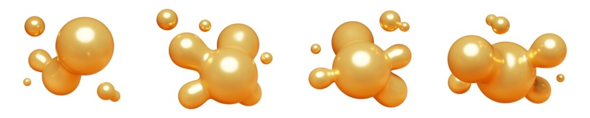 Wall Mural - Golden abstract liquid metaball shape. 3d render illustration set of fluid soft bubble blob. Organic gold bright decorative sphere geometric form. Morphing ball aqua drop or molecule. Flow particles.