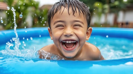 a young boy smiling while playing in a blue pool, ai