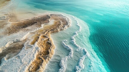 Aerial view of the Dead Sea's shoreline, with intricate salt formations and the vast expanse of water.