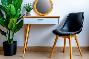 Wall Mural - Vanity table in a minimalist space, captured in a photo where a simple, elegant vanity table with a frameless mirror and a single drawer is set against a white wall, with just a few carefully