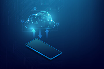 Wall Mural - Cloud computing concept with a smartphone and cloud data icons on a blue circuit background.Abstract cloud connection technology background.	